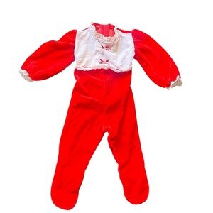 Vintage Petit Jardin Red Velour Baby Romper Footie Lace Bib 80s Cottagecore M